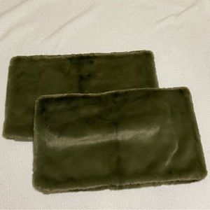Pottery Barn 2 olive green faux fur pillow covers 16” x 26”